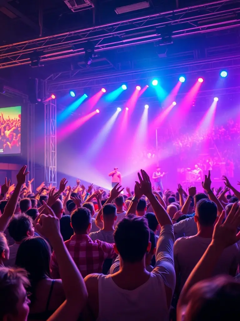 A dynamic image of a live music event organized by AMICAL MUSIC PRODUCTIONS, featuring a diverse audience and vibrant stage lighting.
