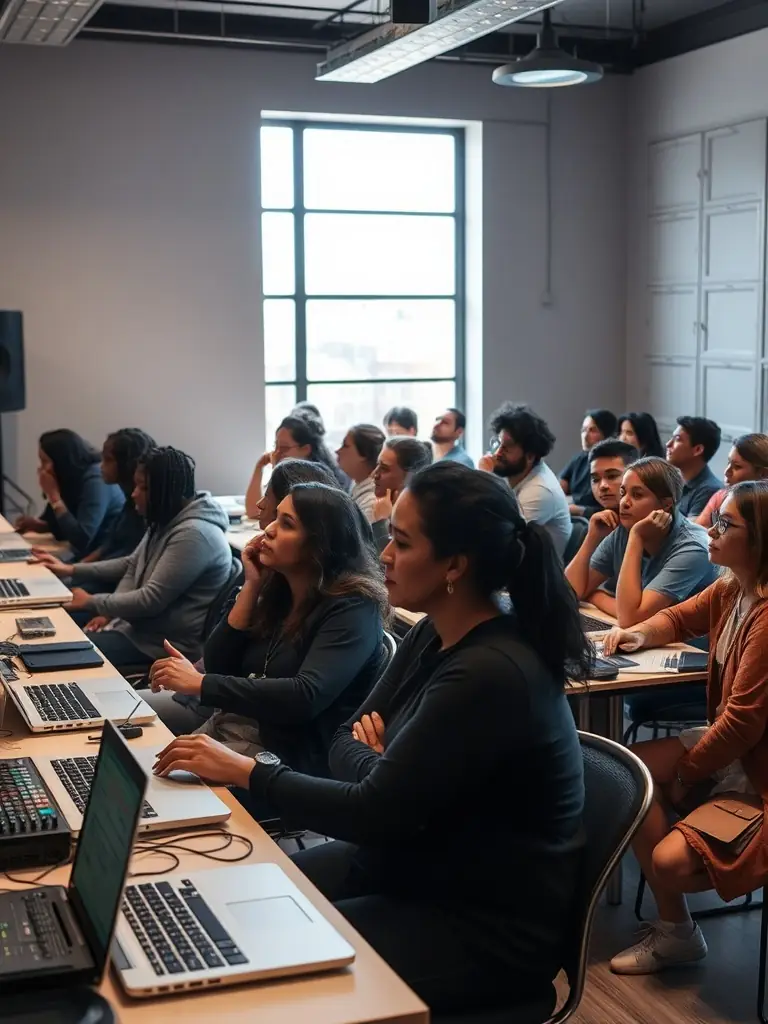 A photo of a community workshop facilitated by AMICAL MUSIC PRODUCTIONS, showing participants engaged in learning about music production techniques.