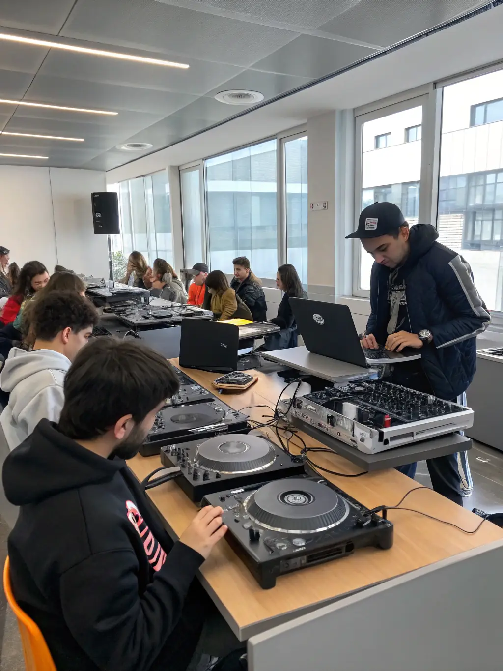 A photo showcasing a workshop session where AMICAL MUSIC PRODUCTIONS is teaching young people about music production and the use of audio equipment.