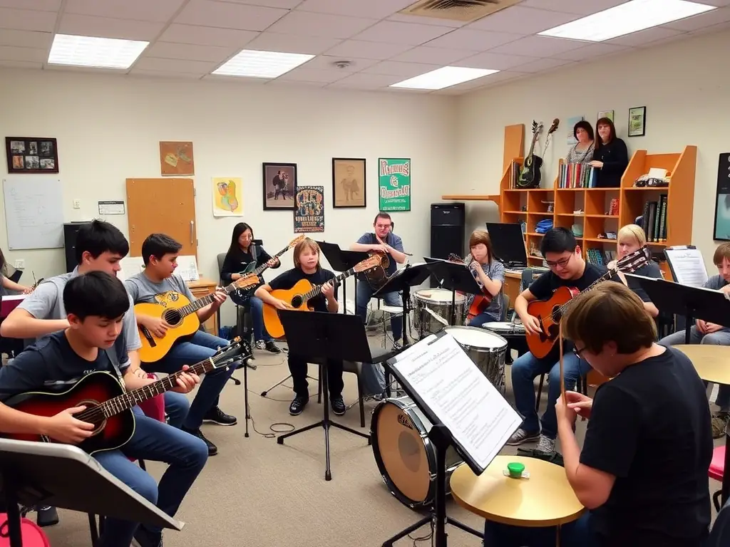 A vibrant image showcasing a community music workshop led by AMICAL MUSIC PRODUCTIONS, with diverse participants actively engaged in learning and creating music together. The setting is a bright, welcoming space filled with musical instruments and smiling faces, emphasizing the inclusive and collaborative nature of the program.