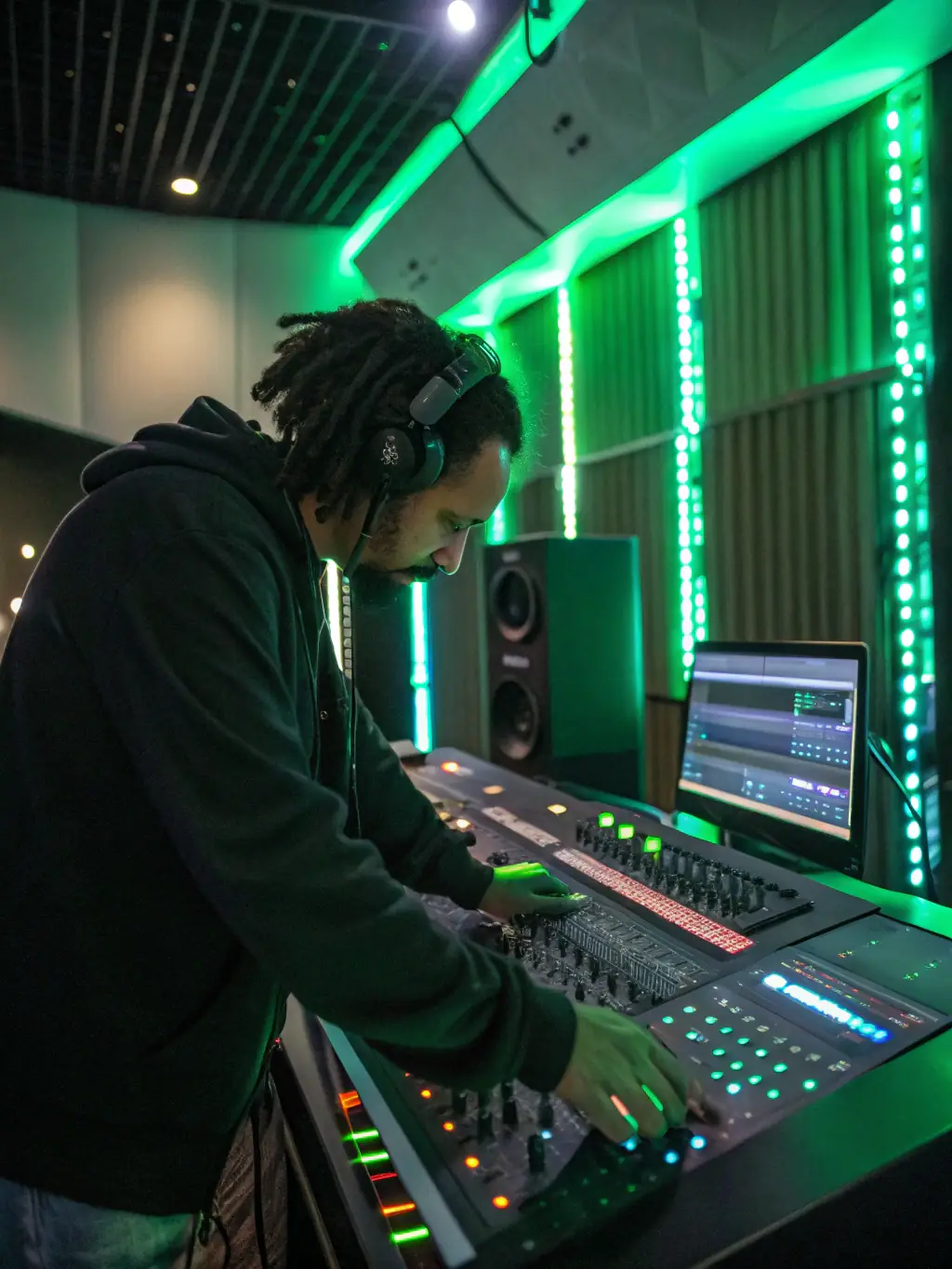 A behind-the-scenes image of a recording session at AMICAL MUSIC PRODUCTIONS' studio, featuring an artist working with sound engineers.