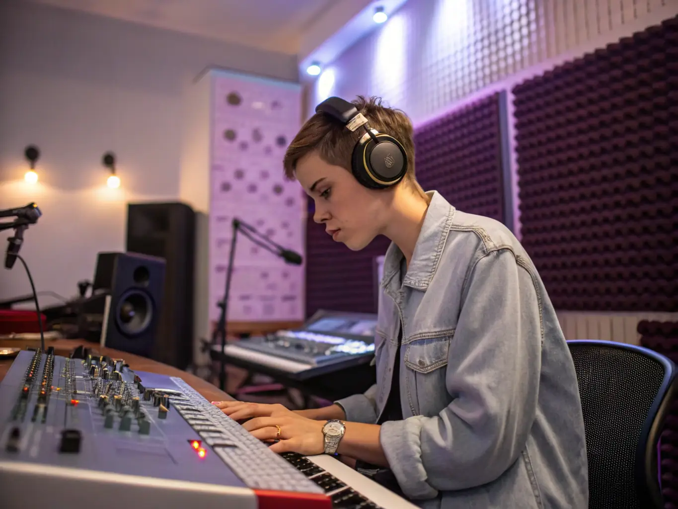 A vibrant image of a recording studio session, showcasing an emerging artist working with professional equipment and guidance from AMICAL MUSIC PRODUCTIONS staff. The scene captures the collaborative and innovative spirit of the Music and Audiovisual Production program.