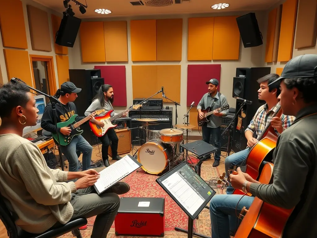 A heartwarming image depicting a collaborative music project between local and international artists facilitated by AMICAL MUSIC PRODUCTIONS. The scene shows musicians from different cultural backgrounds working together in a recording studio, symbolizing the organization's commitment to fostering cultural exchange and understanding through music.