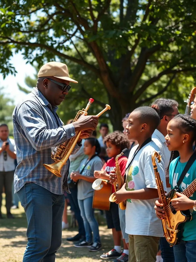 A photo of a community outreach program where AMICAL MUSIC PRODUCTIONS is providing musical instruments and resources to underserved communities.
