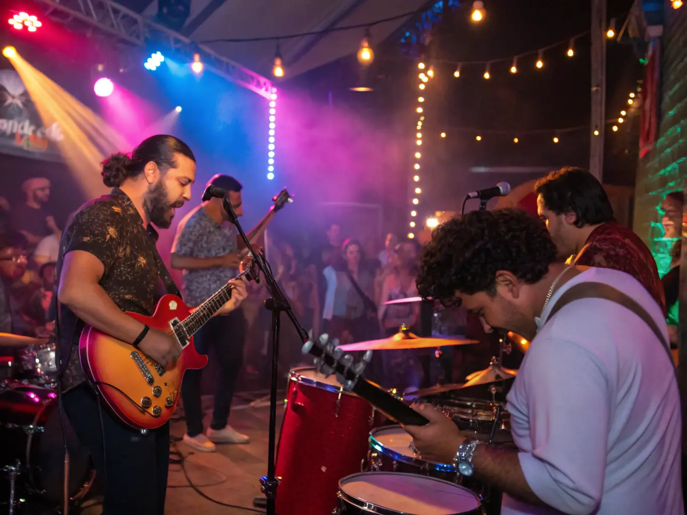 A dynamic image capturing a live performance at an AMICAL MUSIC PRODUCTIONS-organized event, featuring emerging artists showcasing their talents to an enthusiastic audience. The stage is set with professional lighting and sound equipment, creating an immersive and engaging experience for both performers and attendees.