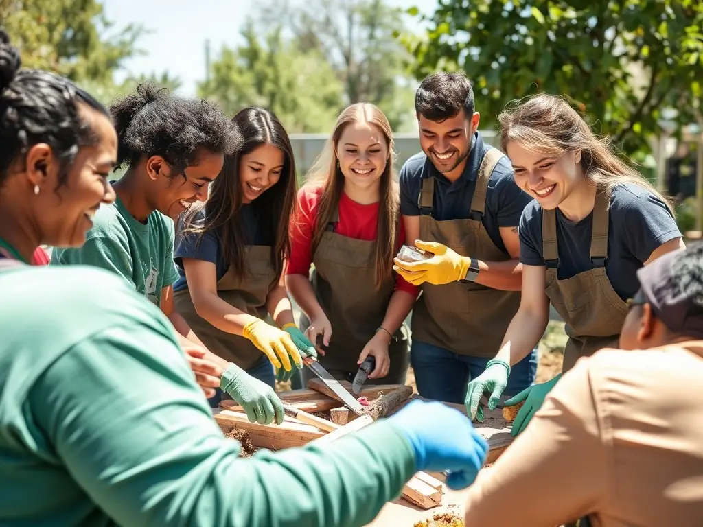 A photo of a group of volunteers and staff members collaborating on a community music project, showcasing the hands-on involvement and social impact of AMICAL MUSIC PRODUCTIONS' community engagement initiatives.