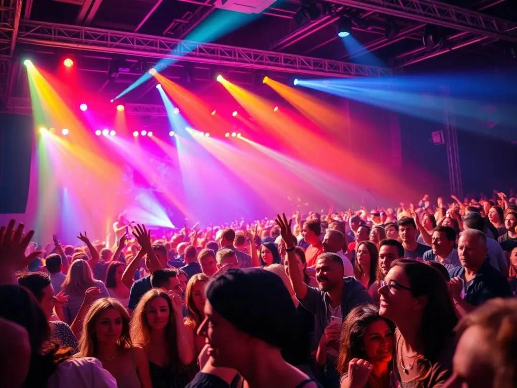 A dynamic image of a live music event organized by AMICAL MUSIC PRODUCTIONS, featuring a diverse audience enjoying a performance by emerging artists. The scene captures the energy and excitement of the Event Organization and Promotion program.